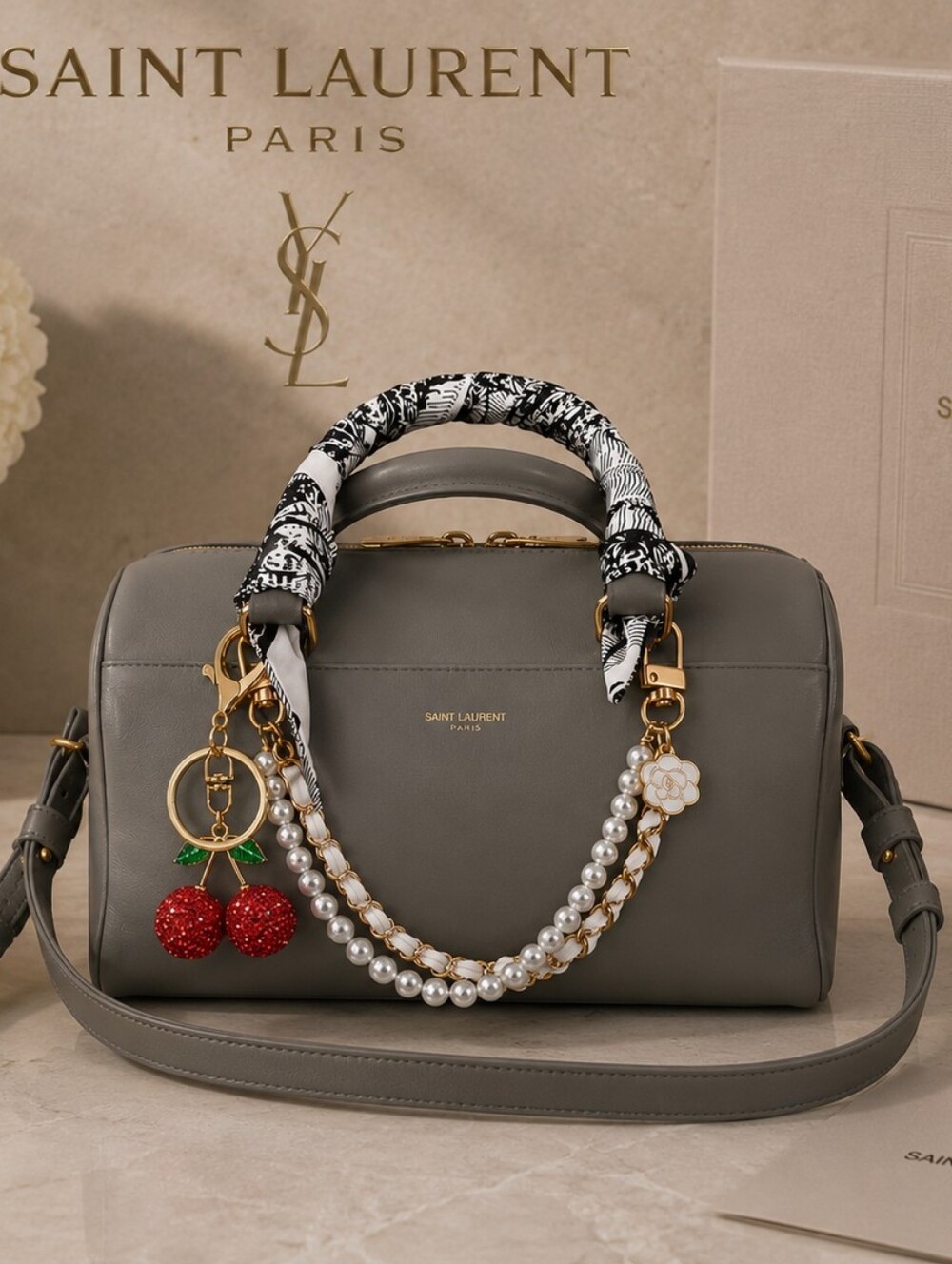 Saint Laurent Graphite Leather Baby Duffle 2 Way Handbag